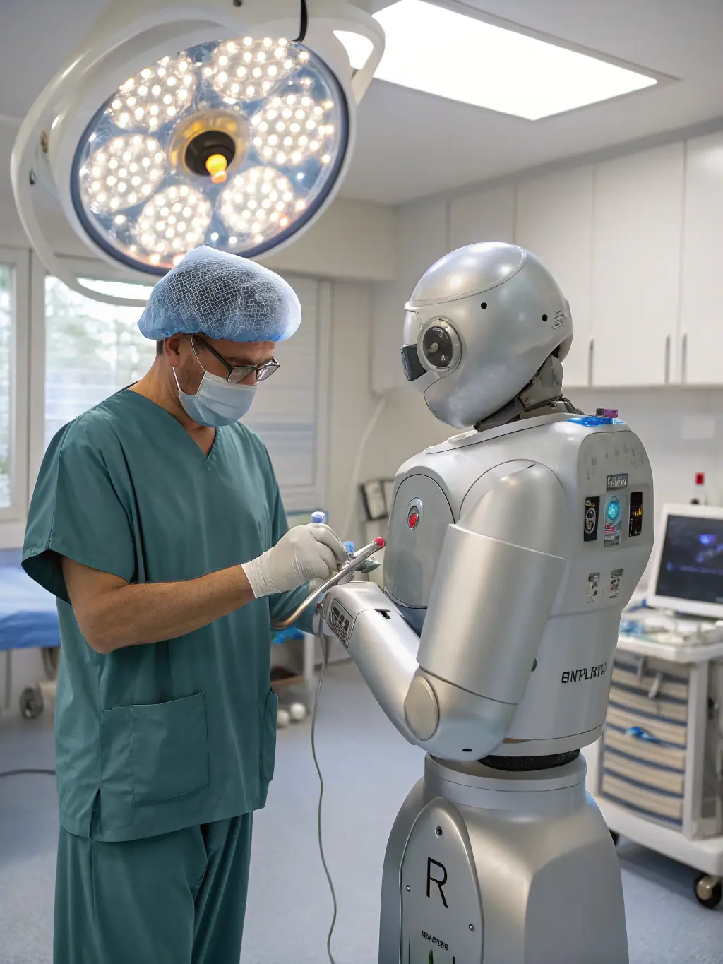 A robot assisting a surgeon in an operating room, highlighting the role of AI in healthcare and medical advancements.