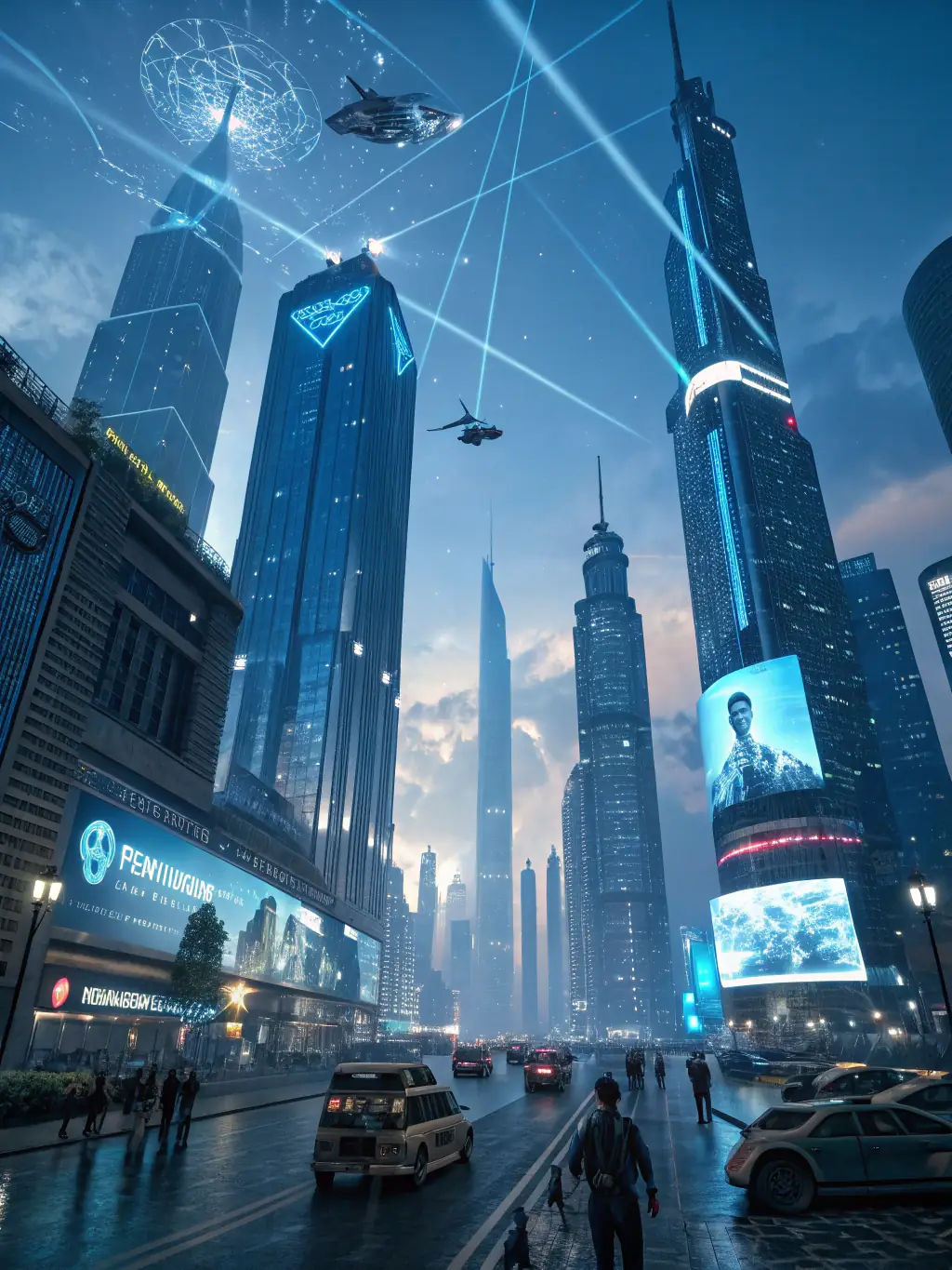 A futuristic cityscape with holographic AI interfaces overlaid, representing the integration of AI in urban environments.