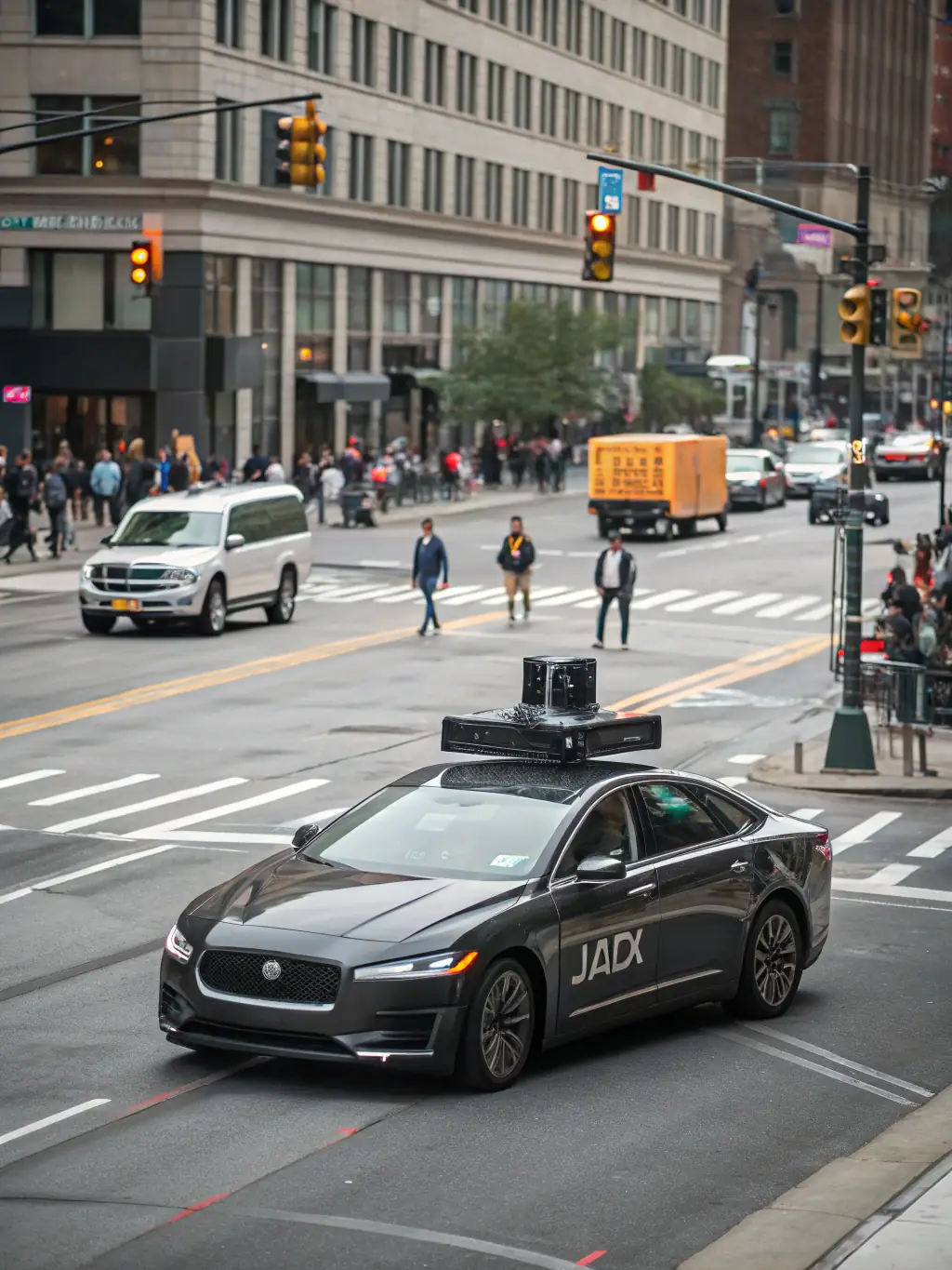 A self-driving car navigating a busy street, illustrating the progress and potential of autonomous vehicles and AI in transportation.