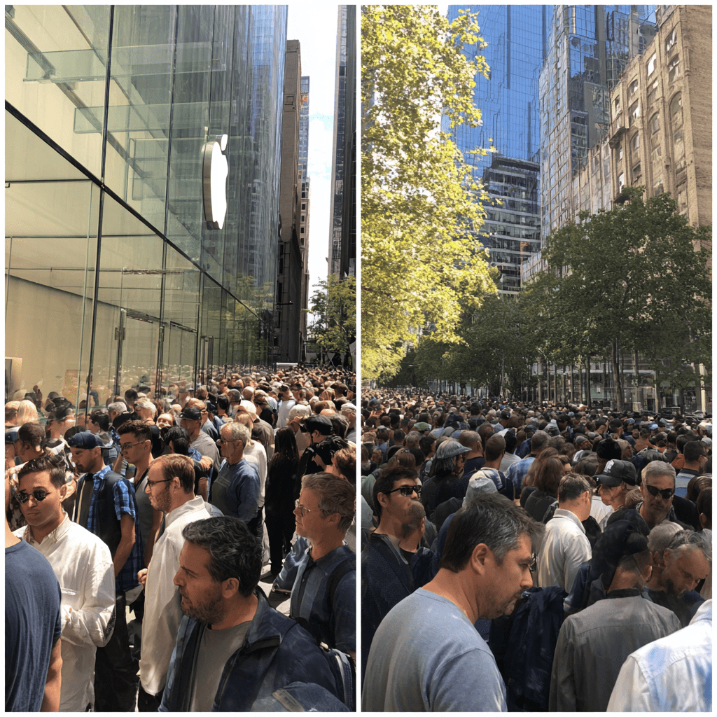 Large crowd of people lined up outside an Apple Store for the iPhone 17 launch, showcasing high consumer demand and excitement.