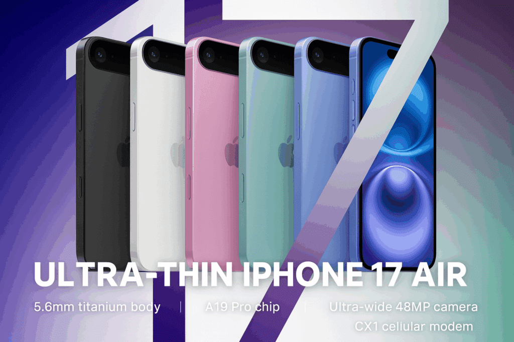 Apple iPhone 17 series lineup including iPhone 17, iPhone Air, iPhone 17 Pro, and iPhone 17 Pro Max in different colors
