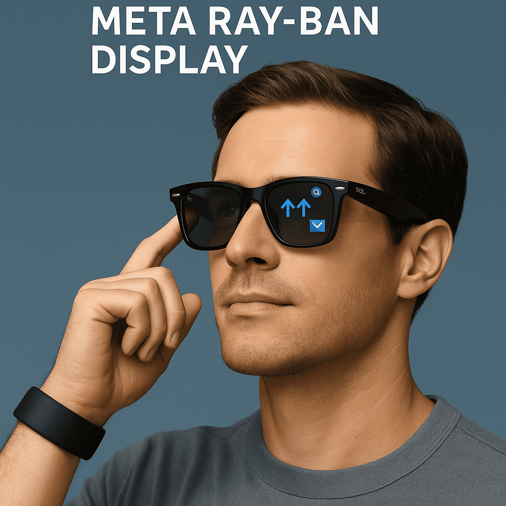 Man wearing Meta Ray-Ban Display smart glasses with built-in display showing app icons, paired with Meta Neural Band wrist controller against blue background.