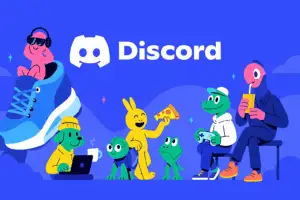 Colorful digital illustration showing a fun online community inspired by Discord, with characters chatting, gaming, and sharing pizza in a futuristic social environment.