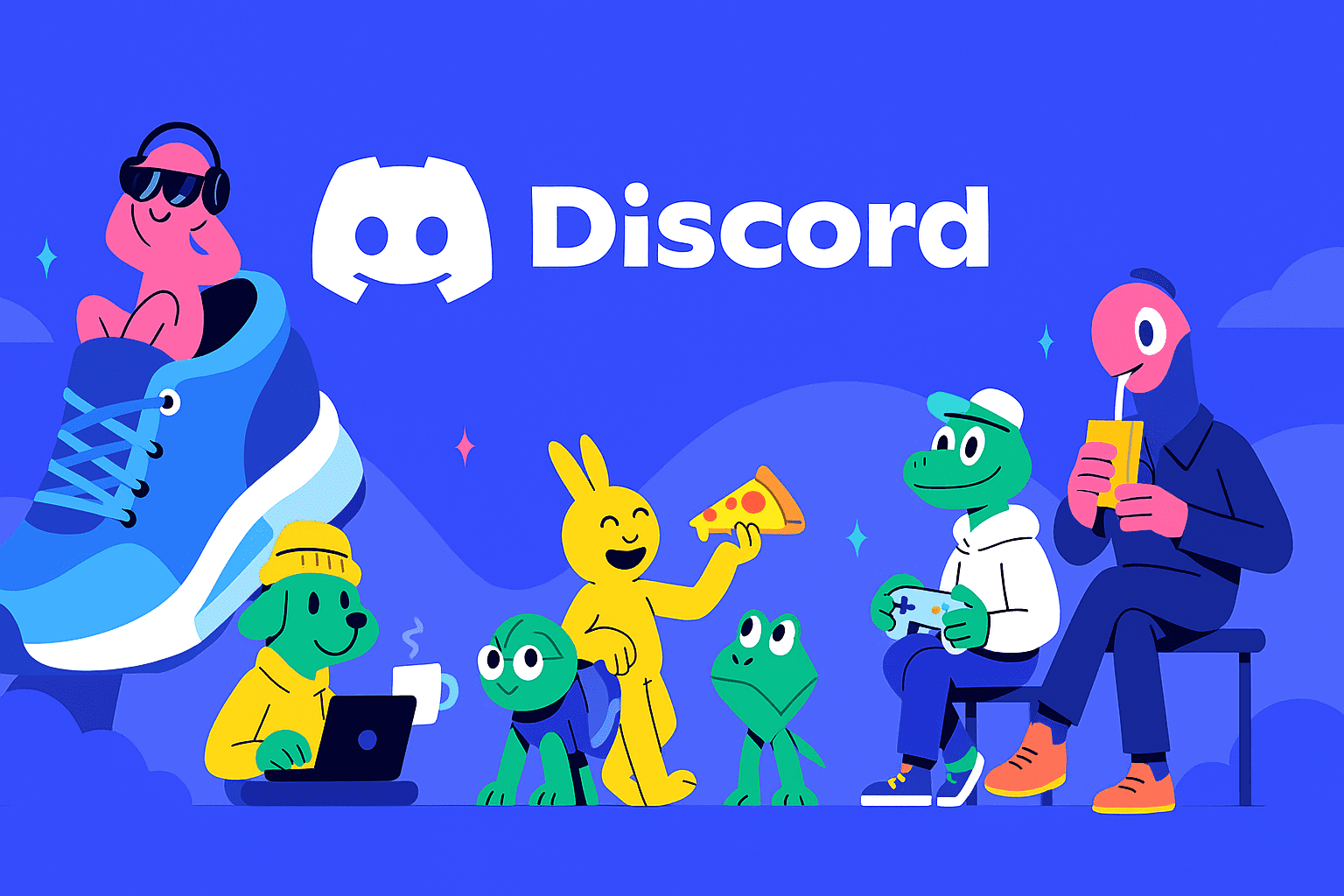 Colorful digital illustration showing a fun online community inspired by Discord, with characters chatting, gaming, and sharing pizza in a futuristic social environment.