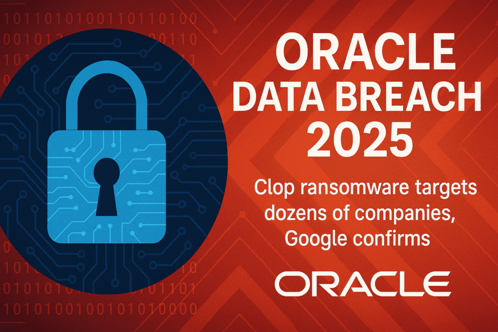Oracle data breach 2025 illustration showing blue padlock, red digital code background, and Oracle logo representing Clop ransomware cyberattack on enterprise systems.
